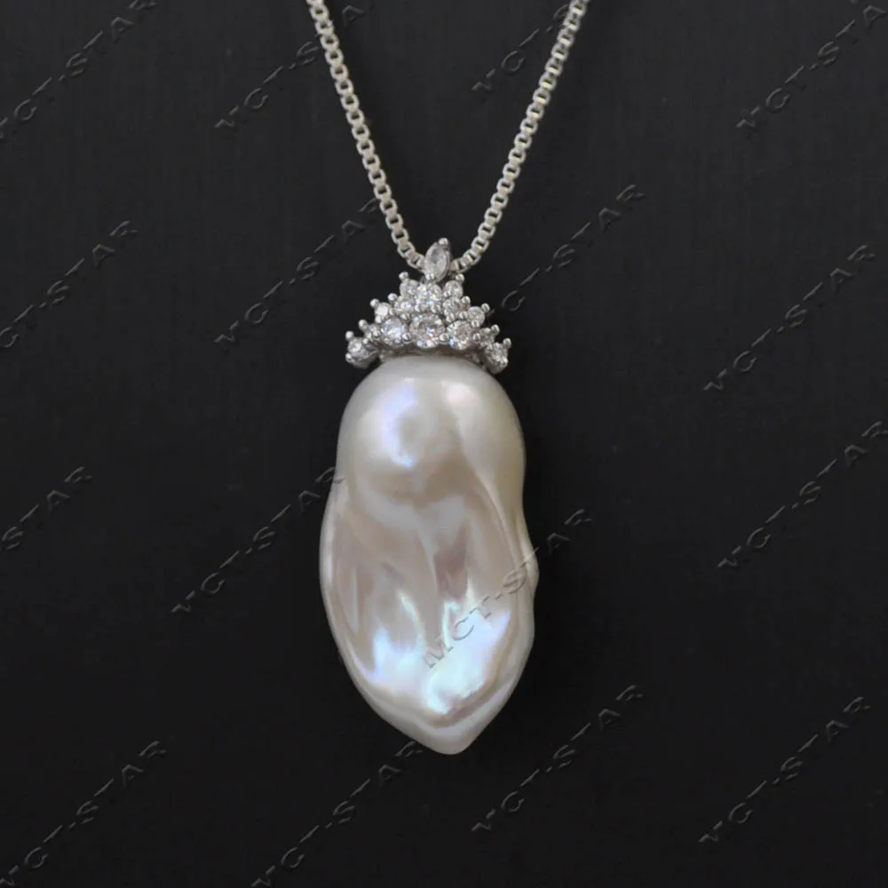 

Z14383 27mm Baroque White Reborn Keshi Pearl Crown CZ Pendant Chain
