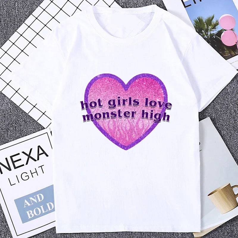 Kawaii Draculaura franky Stein clawdin Wolf T-Shirt Hot Girls Love Monster High Pink Heart Graphic T Shirt Fashion Casual Tees