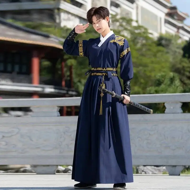Chinese Traditional Hanfu Clothing for Men Ancient Swordsman Ethnic Blue Hanfu Outfit Han Dynasty Knight Performance Carnival view 3