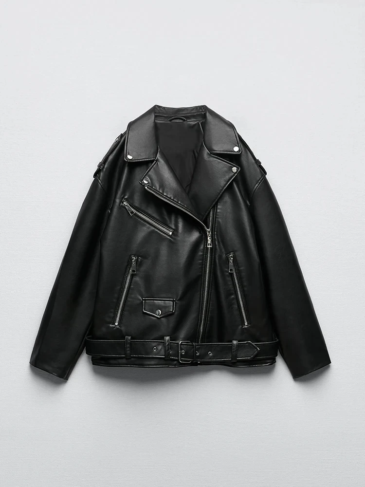 BBWM-Chaqueta de piel sintética con cinturón para primavera y otoño, abrigo con cremallera para mujer, prendas de vestir holgadas para motociclista, color negro