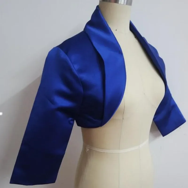 Customized  2024 Royal Blue Women Satin Wedding Jacket Fall New Three Quater Sleeves Unique Collar Bridal Bolero / Shrug