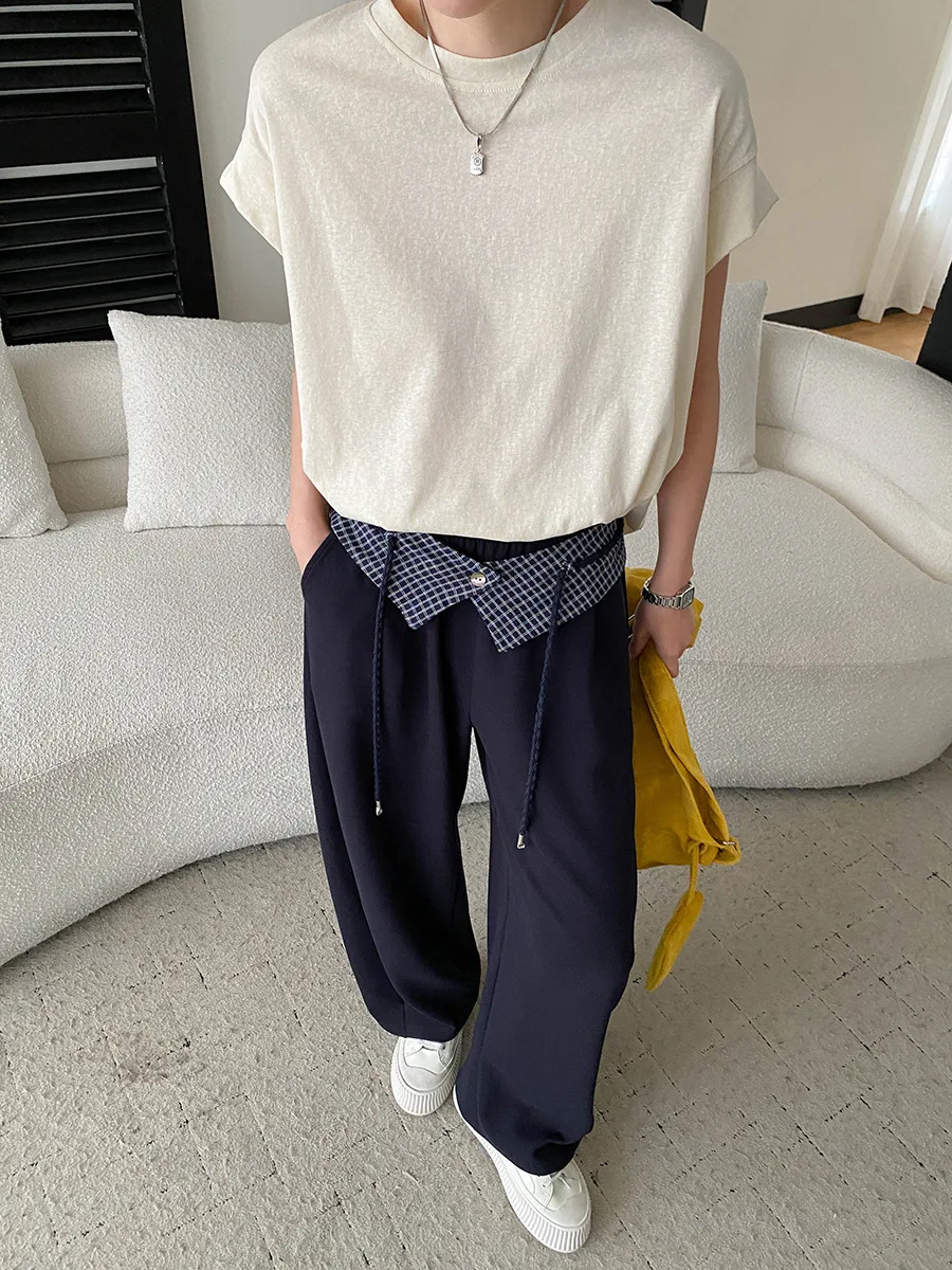 Frühlings- und Sommerhosen für Damen, lässig, einfarbig, abnehmbarer karierter Bund, elastische hohe Taille, schlank machende, weit geschnittene Hose mit geschwungenem Saum. – Detail 4
