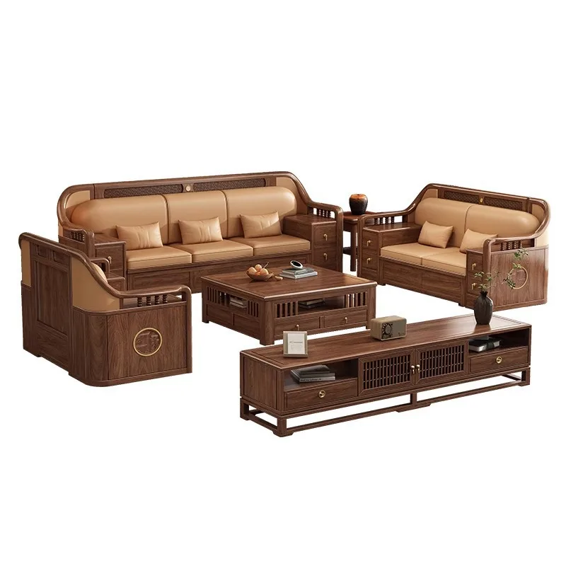 

New Chinese style, black walnut, solid wood, sofa, living room, simple, small apartment, winter and summer