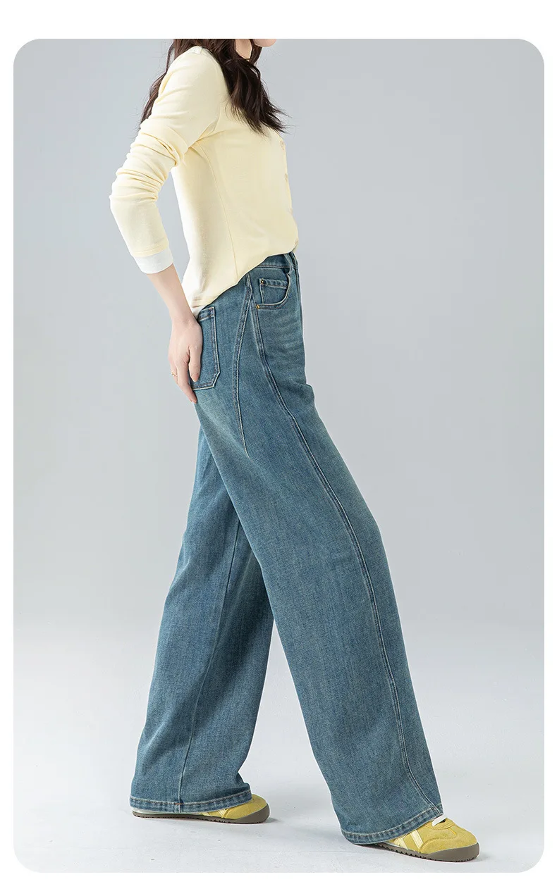 

Новые модные женские однотонные синие свободные повседневные брюки с высокой талией, модные широкие прямые простые джинсовые брюки, женские джинсовые брюки