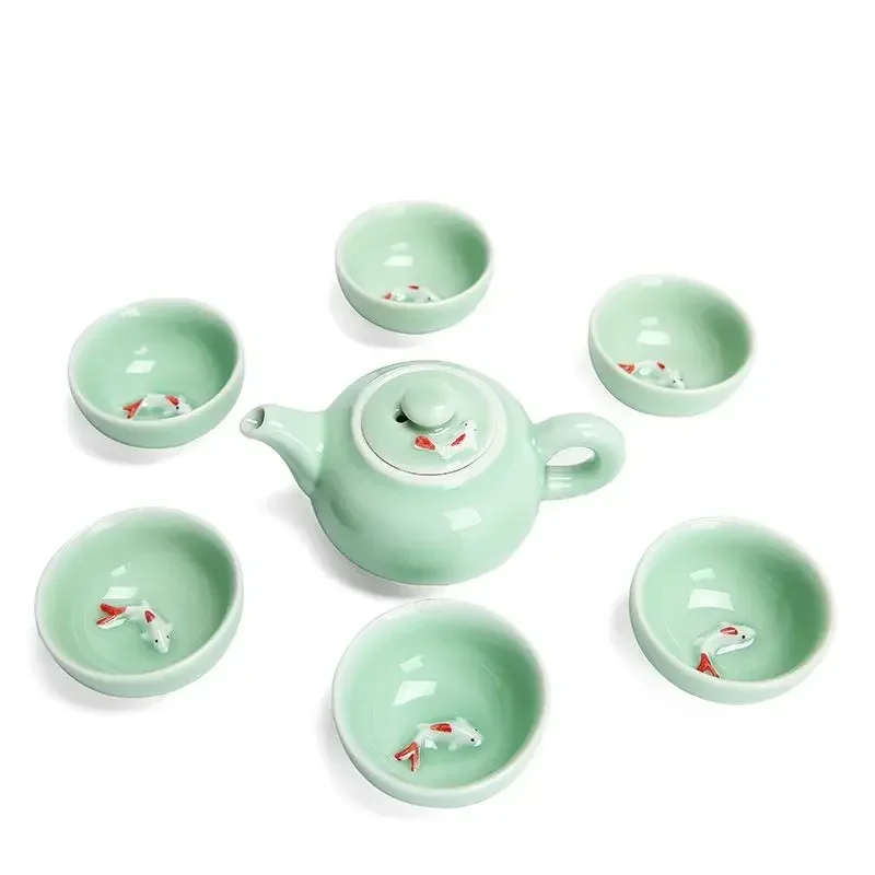 Longquan Celadon fish tea set ceramic teapot kettle cup chinese kung fu drinkware 1pot+6cups
