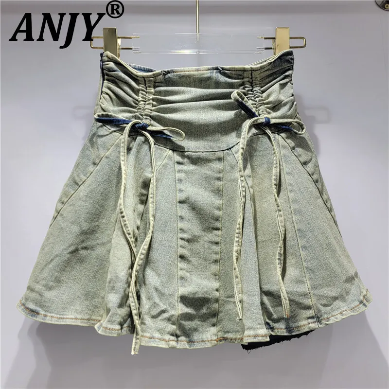 

ANJY Summer New Women Chic Short Skirt Distressed Denim Pleated A-line Ruffled Streetwear Sweet Elegant Fashion Y2K Skirts A9393