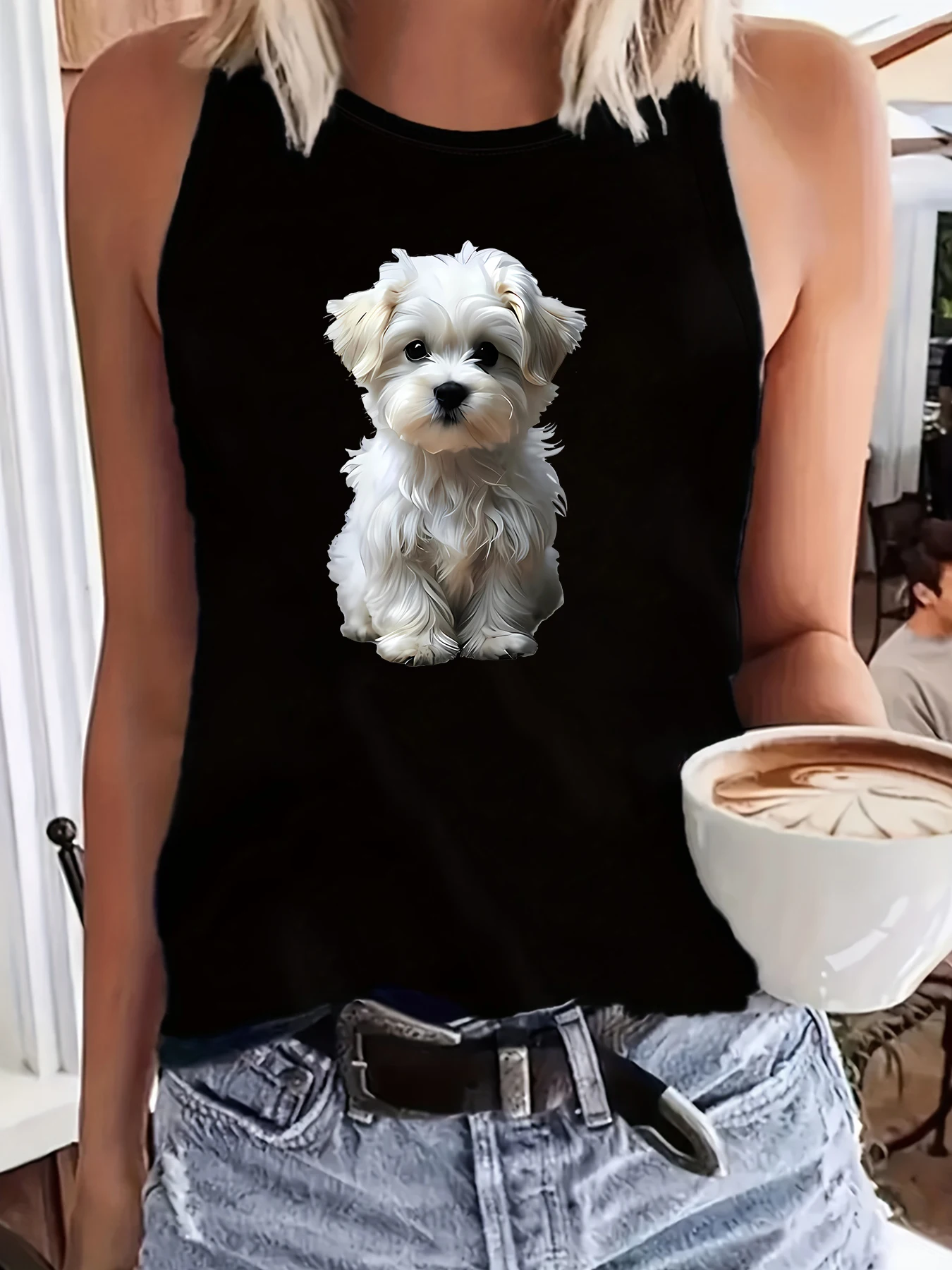 Women Summer Sleeveless Tank Top, Cute Maltese Puppy Dog Realistic Graphic Print, Pet Lover Soft Casual Daily Workout Vest