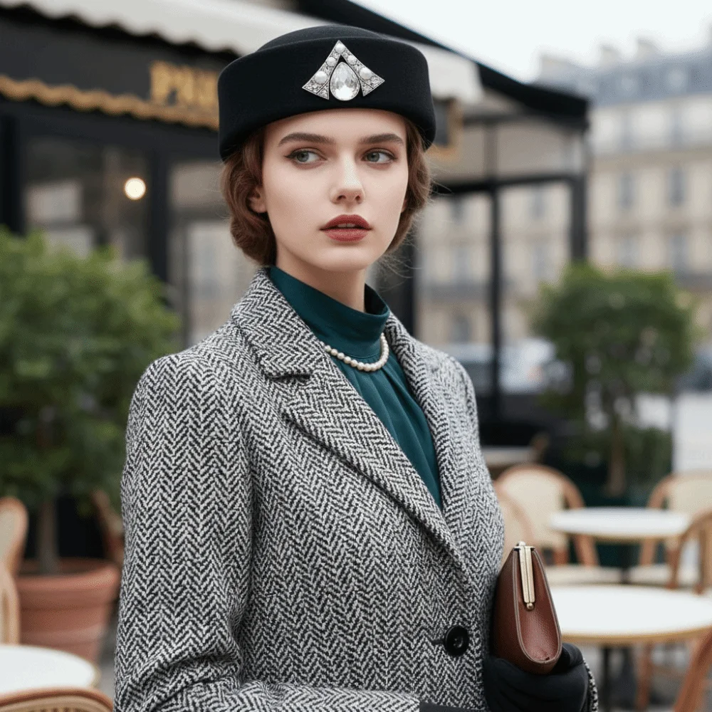 Uniform Stewardess Hat Vintage Topper Hat Rhinestone Solid Color Felt Beret Charm Retro Airline Stewardess Caps Masquerade Party