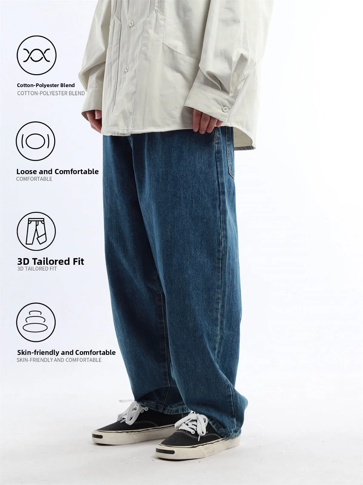 Retro Japanese Style Wide Leg Men's Jeans Washed out Cone Shaped Loose Fit All Season Cotton Straight Tube Casual Trousers