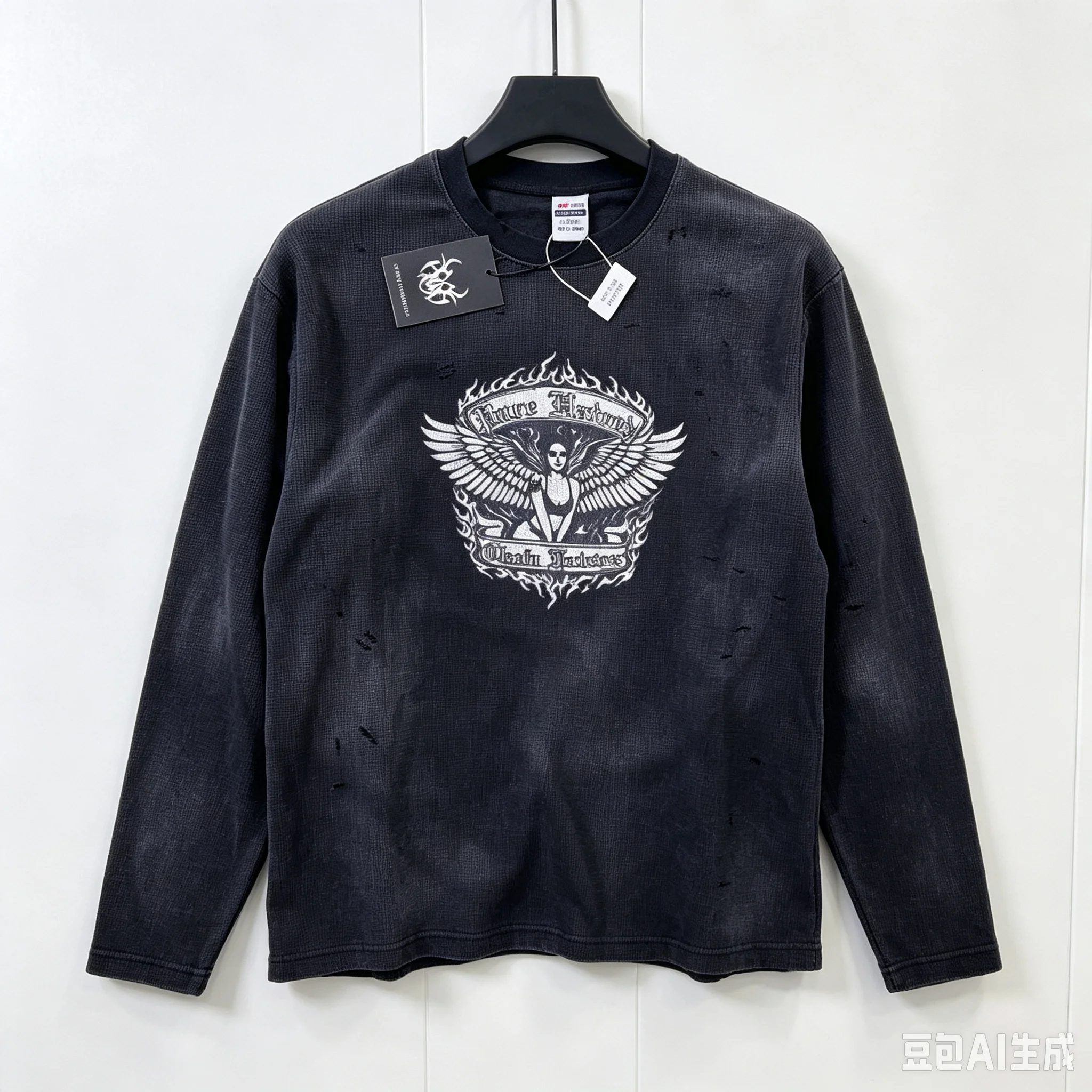 Gothic Angel Graphic Flame Print CHEW FOREVER Waffle T Shirt Men Women Washed Black Destroyed Hole Loose Long Sleeve T-shirt