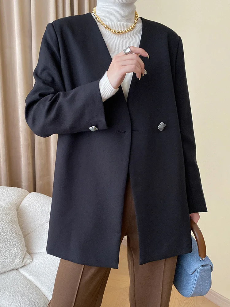 

Black Belted Elegant Big Size Blazer New V-neck Long Sleeve Loose Fit Women Jacket Fashion Tide Spring Autumn O694