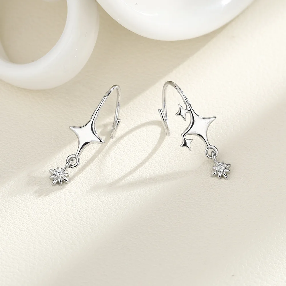 Fashionable Star Zircon with Rotating Four Pointed Star Earrings Suitable for Women's Daily Minimalist High-end Jewelry Party