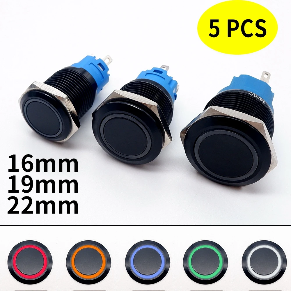 5PCS Black Push Button Switch 16/19/22mm Waterproof Led Car Light Metal Flat Momentary Fixation Start Switches 5V 12V 24V 220V