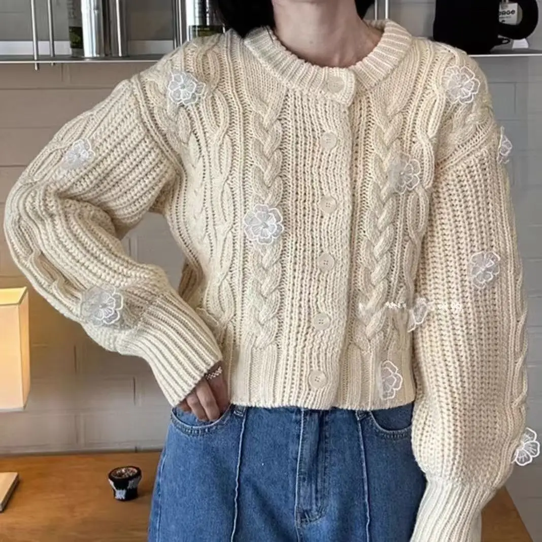 

New Vintage Floral Knitted Cardigan Women Harajuku Cropped Black Sweater Outerwears Winter Korean Knitwears Design Jumpers Tops