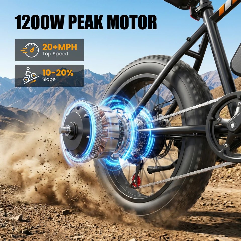 Hopepeak F10 Fat Tire Electric Bike for Adults, 20"×4.0" Fat Tire Electric Mountain Bike, Peak 1200W 48V 10.4Ah,  28MPH 55 Miles  Electric Bicycle, 7-Speed image 4