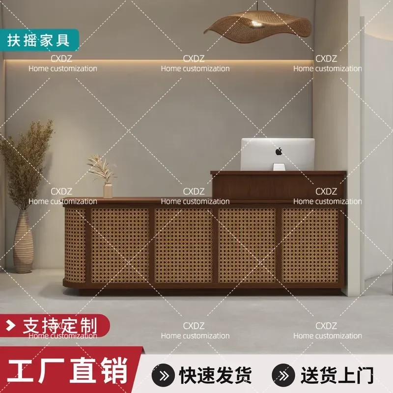 Simple Rattan Checkout Counter Front Desk for Clothing Store Shop Custom Bar Table Reception Counter Minimalist Design