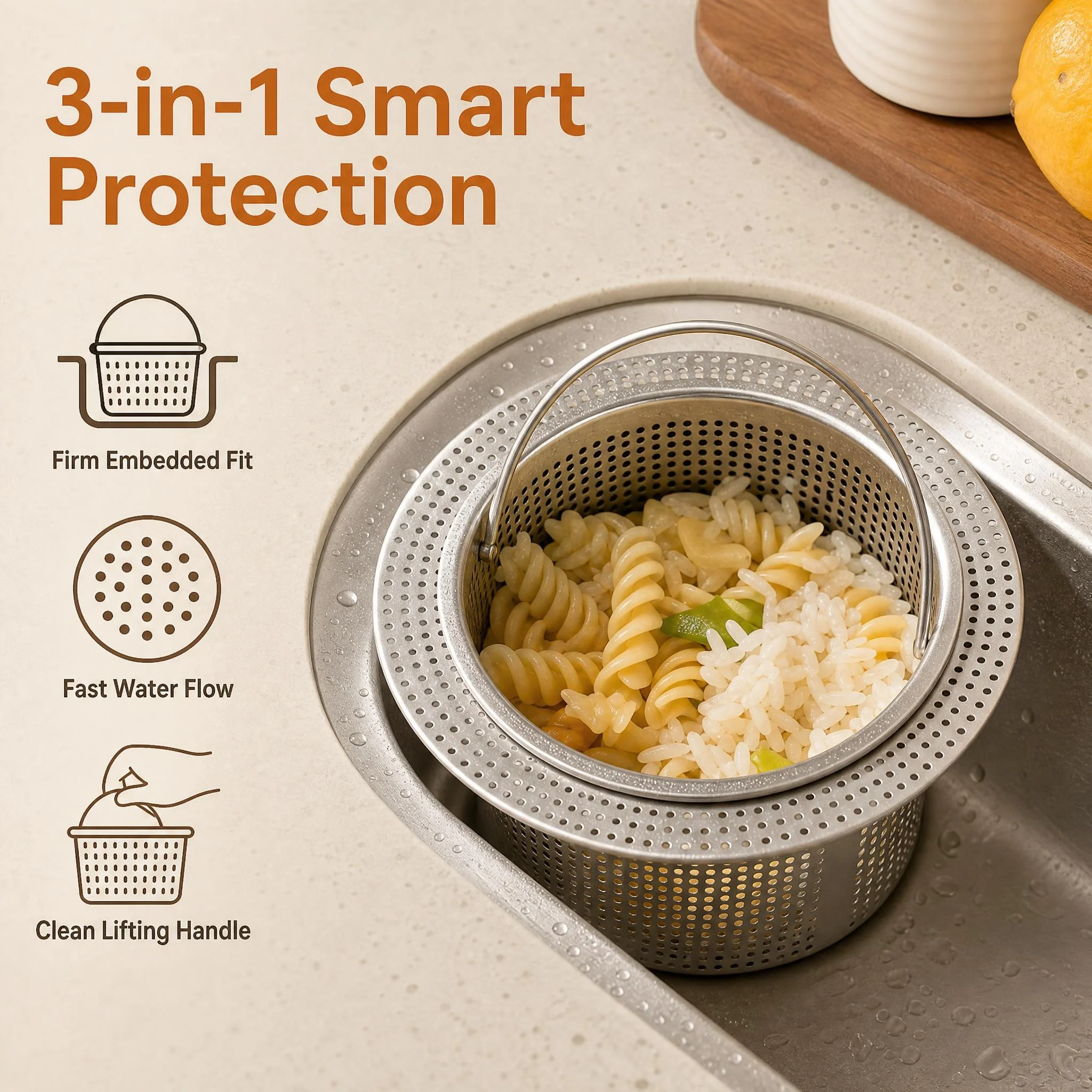 Stainless Steel Sink Strainer with Handle, Embedded Kitchen Drain Filter Food Residue Catcher for Blockage Prevention