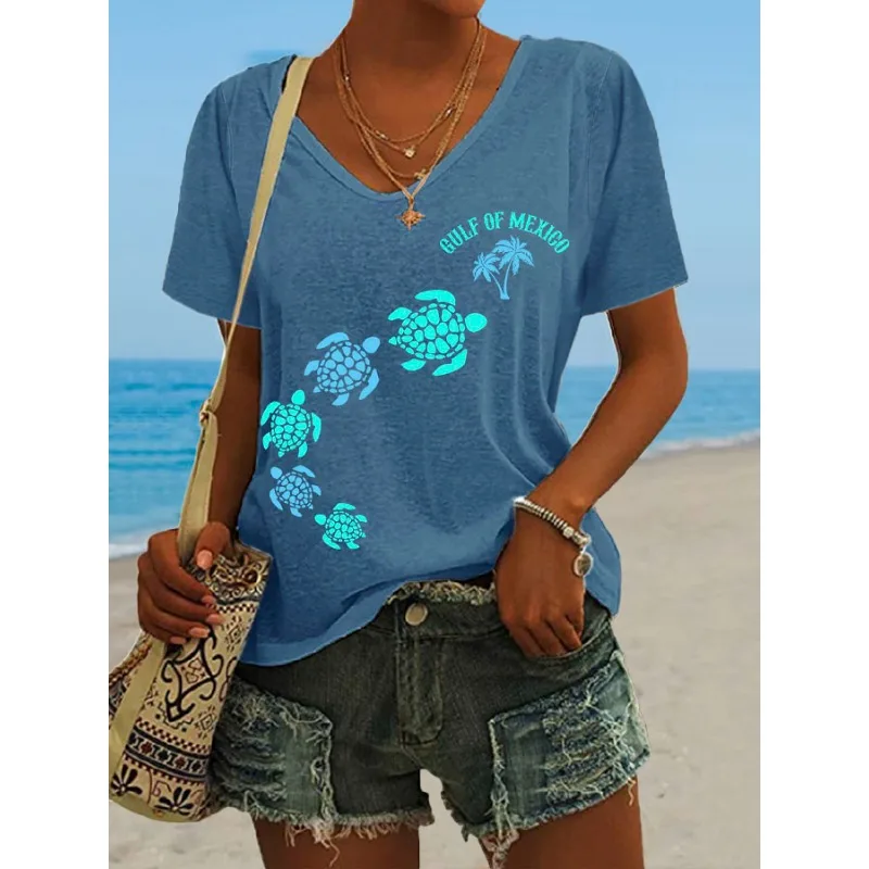 Women's Gulf of Mexico Print T-Shirts Summer Beach Holiday T Shirt Casual Short Sleeve V Neck Tops