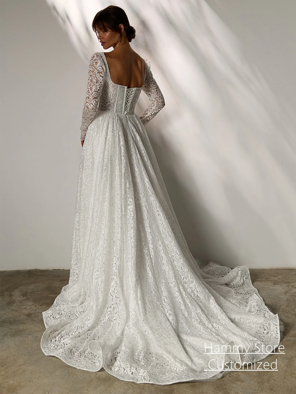 Customized Wedding Dress Lace Bridal Gown Elegant Square Neck Long Sleeves Pearls Sweep Train A Line Corset Bride Dresses