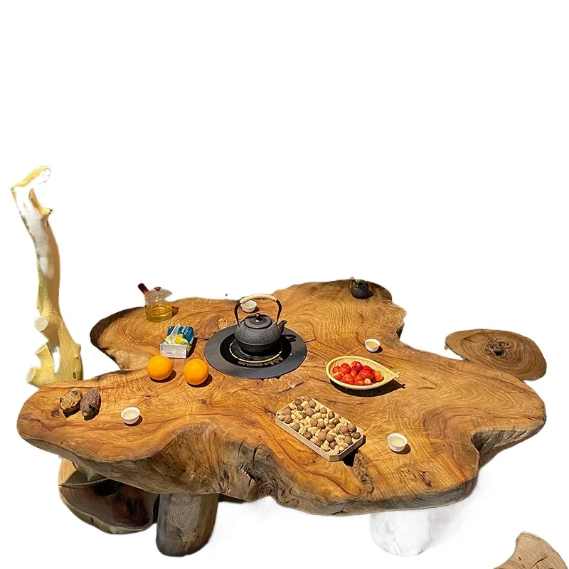

Camphor wood charcoal stove brewing tea table, small courtyard stump surrounding stove tea, solid wood barbecue table