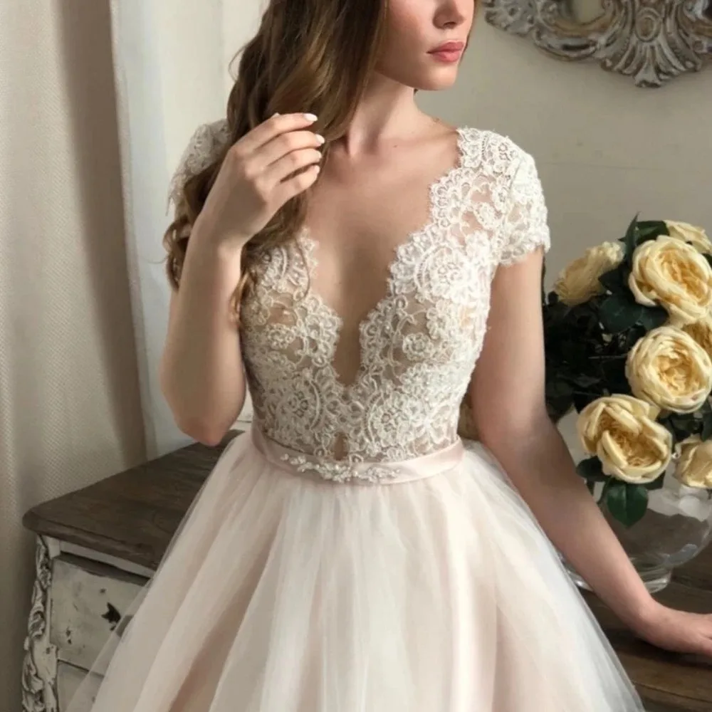 Boho gaun pernikahan V-Neck gaun pengantin renda lengan topi applique tipis Backless A-line Tulle panjang lantai gaun pengantin Vestido De Novia