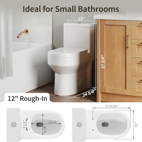 Compact One Piece Toilet with Comfortable Seat Height Modern Standard Toilet for Small Bathroom Dual Flush 1.1/1.6 GPF
