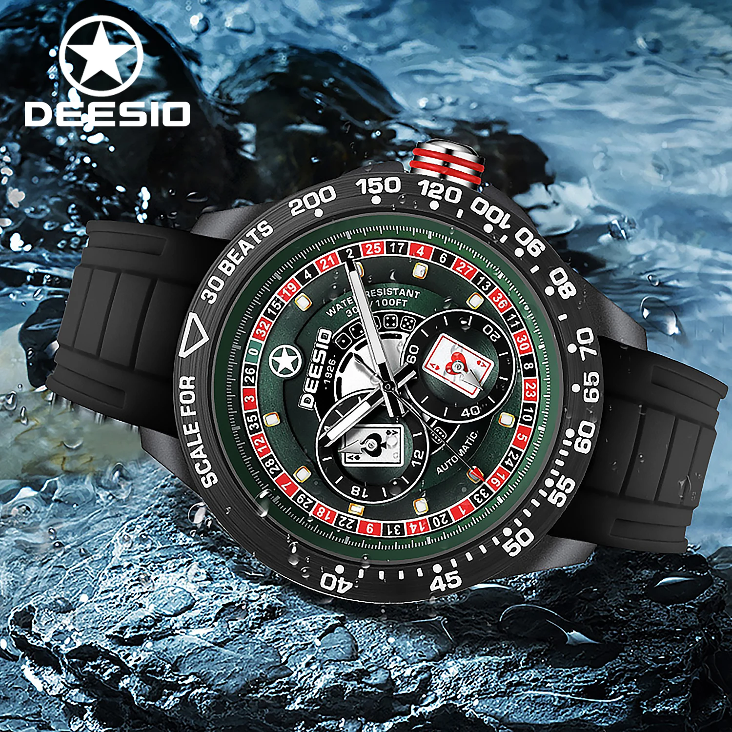 

Deesio мужские автоматические механические часы с дисплеем даты светящиеся стрелки из углеродного волокна силиконовый ремешок 5ATM водонепроницаемый ежедневный спортивный подарок