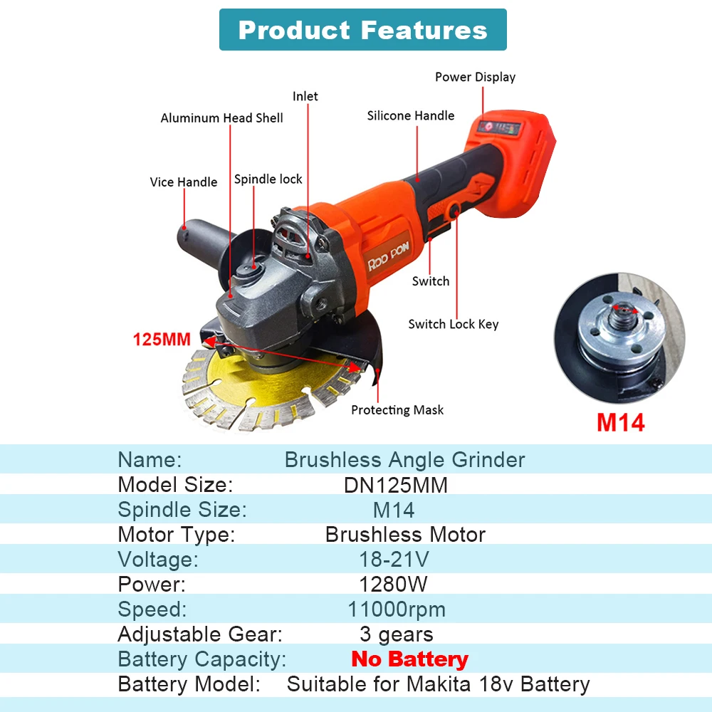 100/125mm  Brushless Angle Grinder Variable Speed Rechargeable Electric Cordless Grinders For Makita 18V Battery Grinding Tool