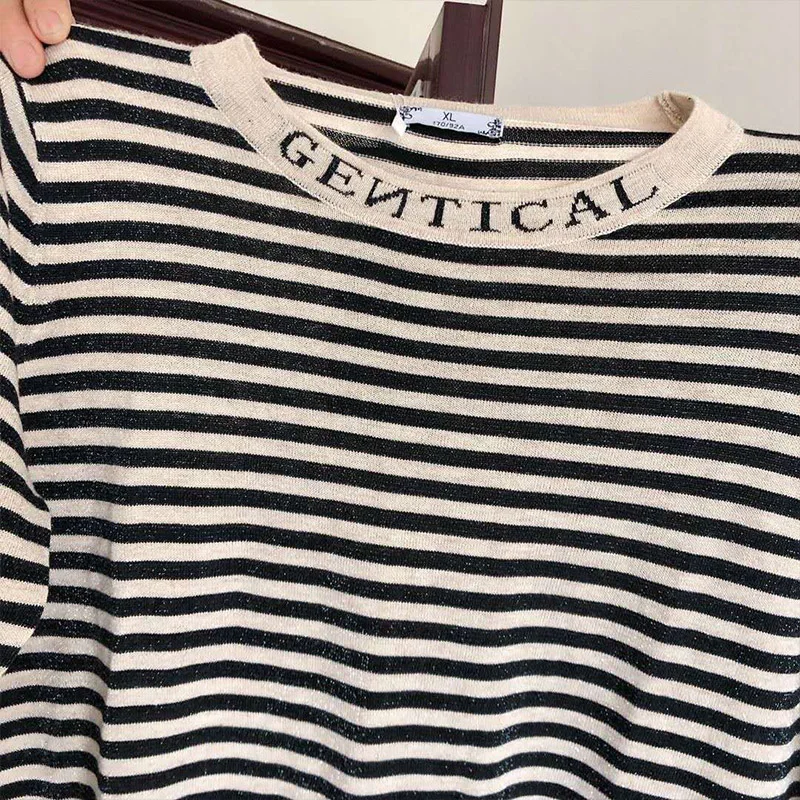 Autumn Fashion All-match O-neck Letter Pullovers Women Clothing Casual Loose Striped Knit Sweaters Lady Elegant Long Sleeve Top