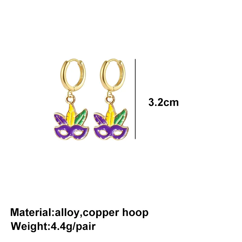 Mini Carnival Ball Mask Metal Pendant Earrings with Festive Atmosphere Jewelry Decoration Purple Green Gold Theme Earrings