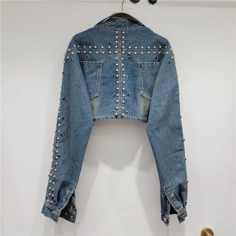 Turn-down Collar Long Sleeve Heavy Industry Bead Sweet Cool Denim Shawl Girl Versatile Short Loose Sexy Street Blouse Jacket