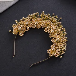 Gold Color Pearl Flower Headband Hairband Tiara For Women Bride Bridal Wedding Hair Accessories Jewelry Crown Tiara Headband