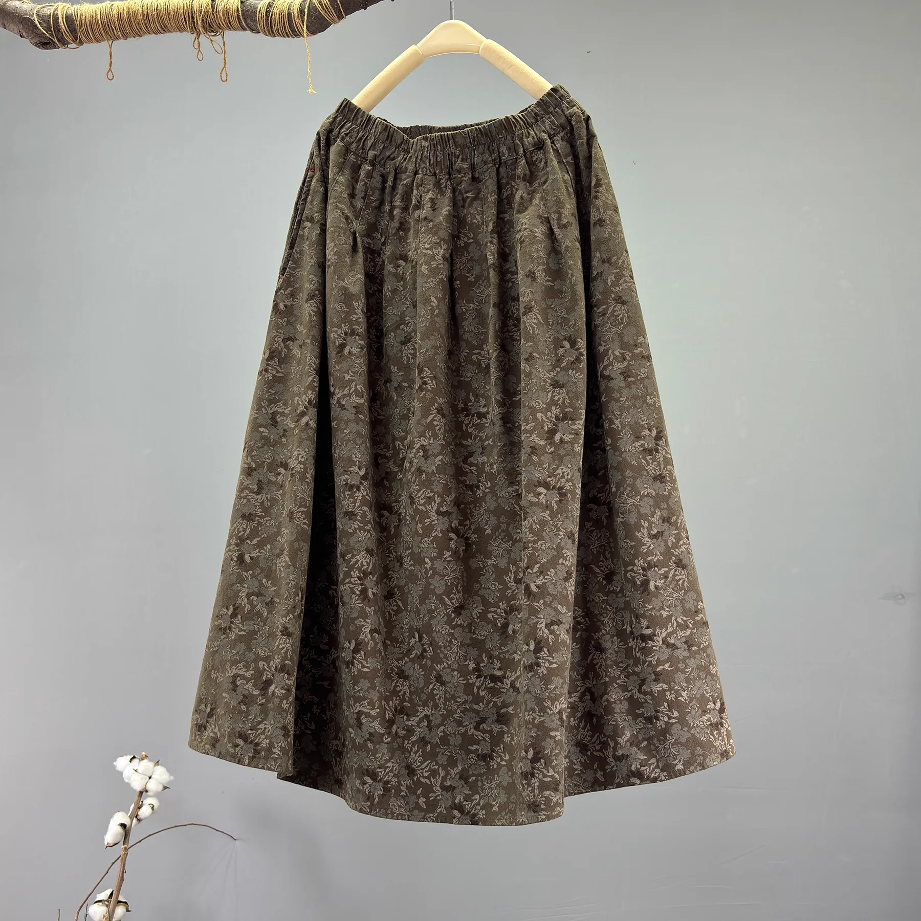 

Enianechu, осенняя женская одежда, длинные юбки из 100% матового хлопка с принтом, женские средние виды, японские юбки-миди с эластичной резинкой на талии