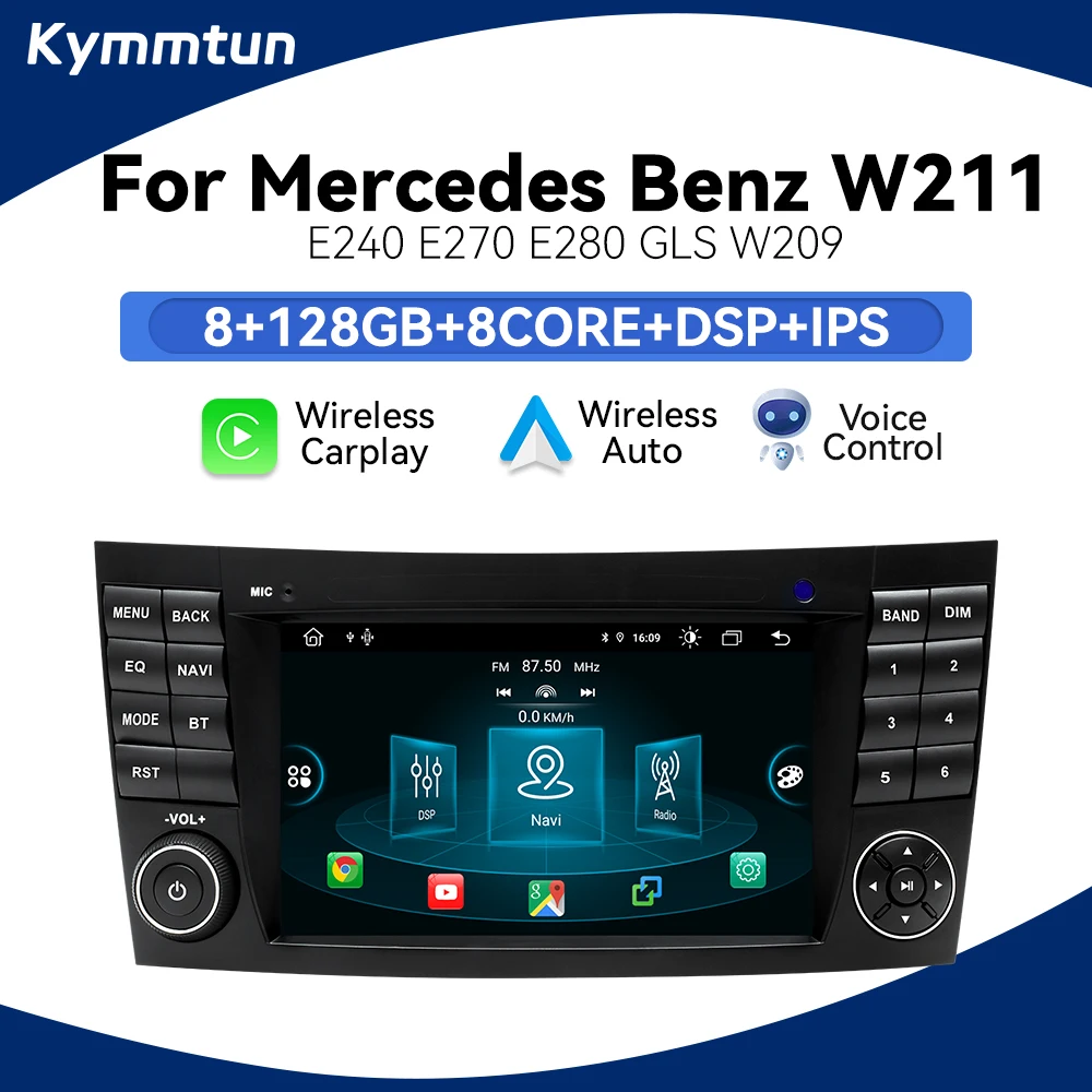 Autoradio CarPlay sans fil pour Mercedes Benz Classe E W211 E200 E220 E300 E350 E240 E270 E280 Classe CLS W219 WiFi Android 14 GPS