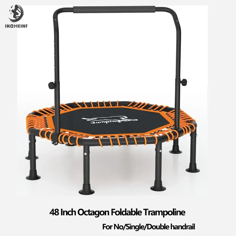 48Inch Trampoline Set with No/Single/Double Handrail Adult Gym Home Yoga Rubbing Bed Foldable Indoor Legs Sports Shaping Tools