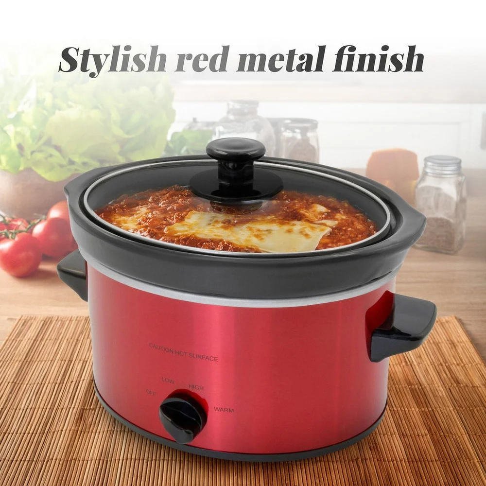 2Qt Oval Slow Cooker with Dishwasher Safe Stoneware Pot Tempered Glass Lid Low High Defrost Settings Family Meals