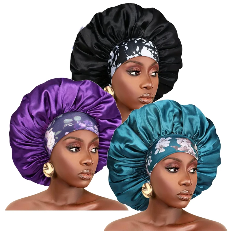 Vrouwen Extra Grote Zijdeachtige Satijnen Haarmuts Dik Haar Slaapmuts Elastische Band Beanie Afrikaanse Headwrap Bloem Tulband Chemo Caps