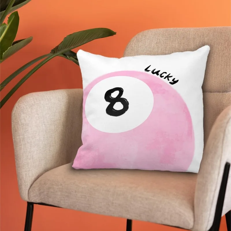 Pink Lucky 8 Ball Pillow Cover White Background Black Number 8 Text Design 18x18 Inch Square Y2K Vintage Home Decor