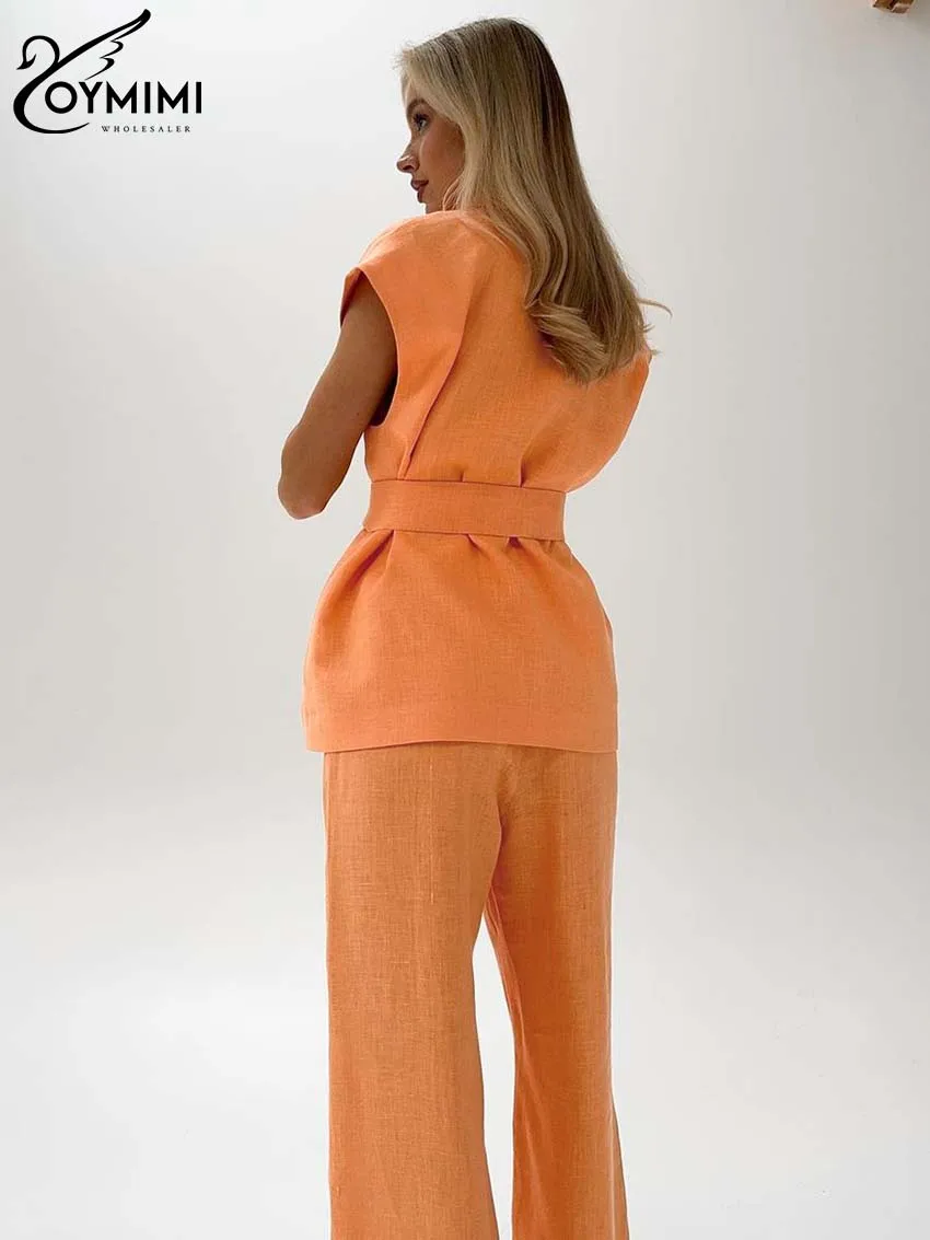 Oymimi Fashion Orange Cotton Two Piece Sets For Women Elegant Sleeveless Lace-Up Shirts And Simple High Waist Straight Pants Set