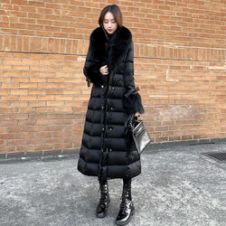 2023 Winter New Fashion Women Down Jacket with Black Large Fur Neck Slim Fit Long Coat 90% White Duck DownThickened Women Parkas