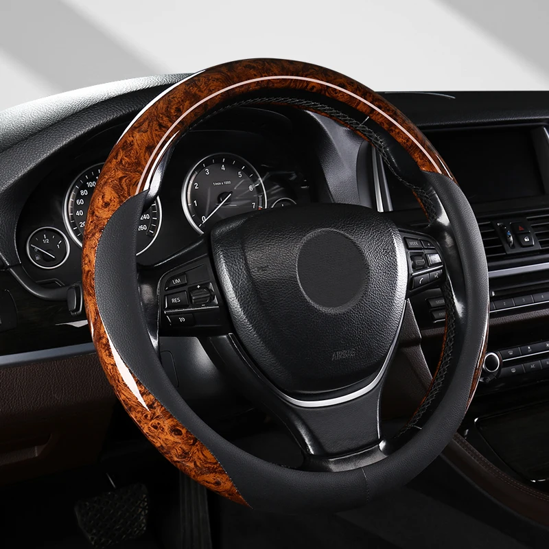 Wood Grain Microfiber Leather Steering Wheel Cover, Universal Fit for 14 .5-15 Inch Durable Leather Cover Anti-Slip Veins Design