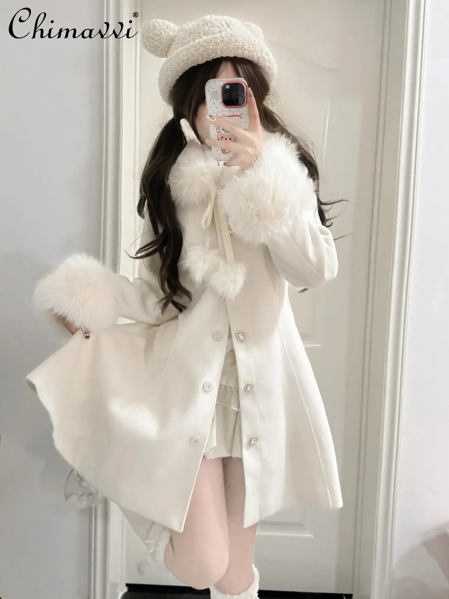 Japanese Sweet Elegant Fur Collar Splicing Long Sleeve Love Buckle Single-breasted A-line Woolen Coat Women Winter Long Jackets