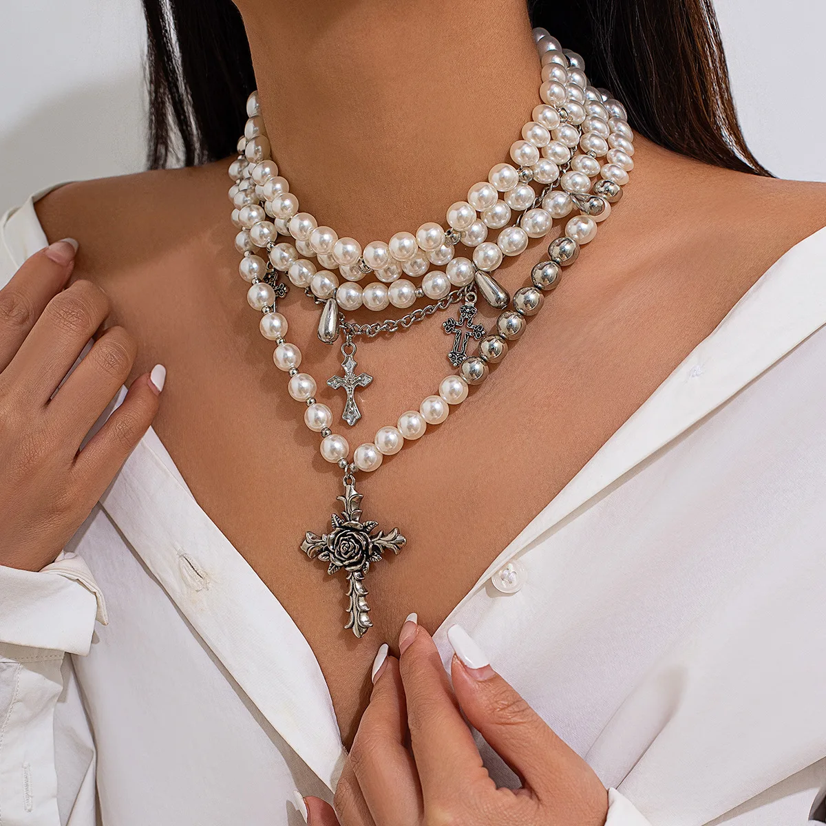

Retro Baroque Choker Decoration Irregular Pearl Multi-layered Round Bead Necklace Stainless Steel Jewelry the Neck Women's Chain
