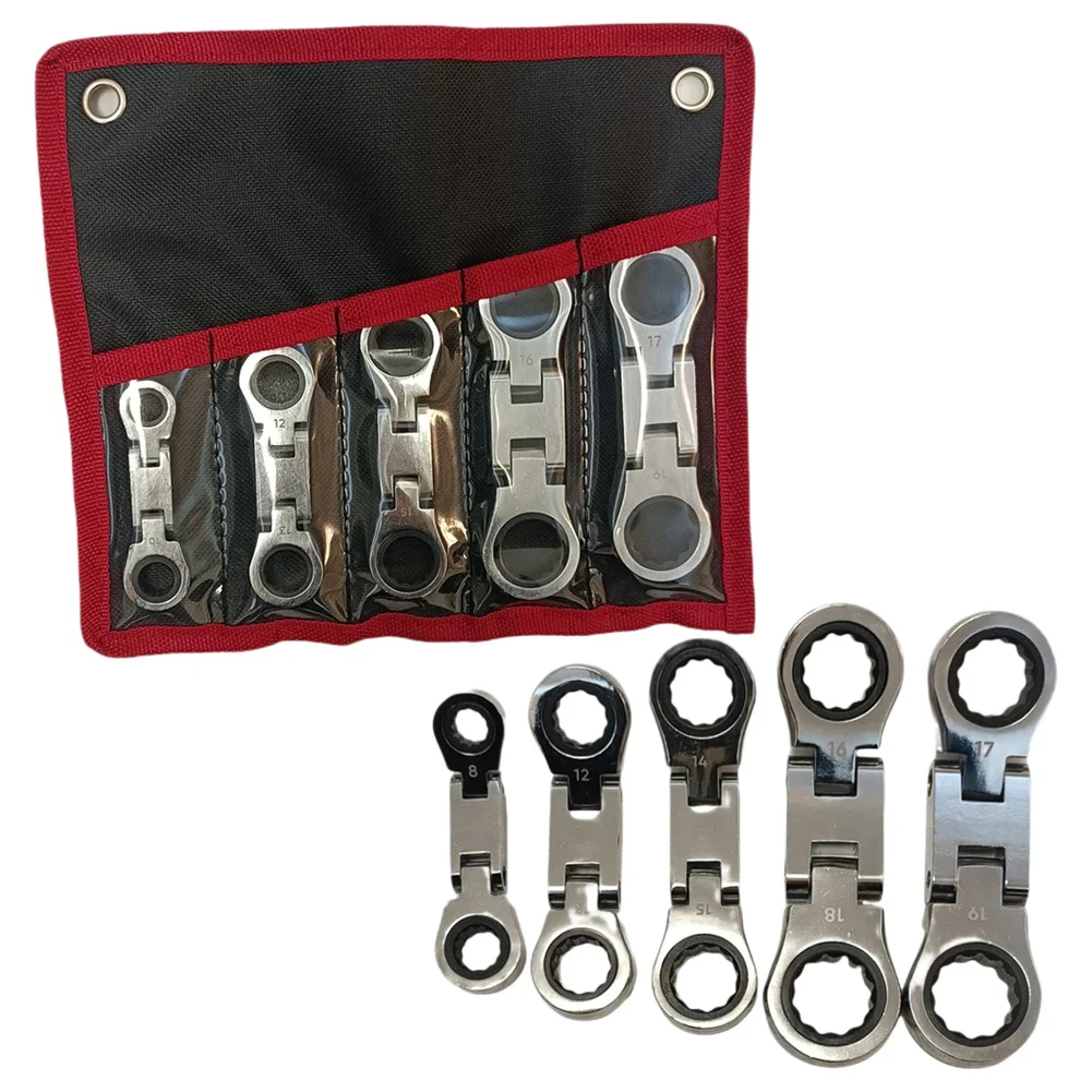 5pc Flex-Stubby Ratcheting Combination Wrench 12 Point Double End Spanner 8-19mm Flexible Pivoting Head Ratchet Short Wrench