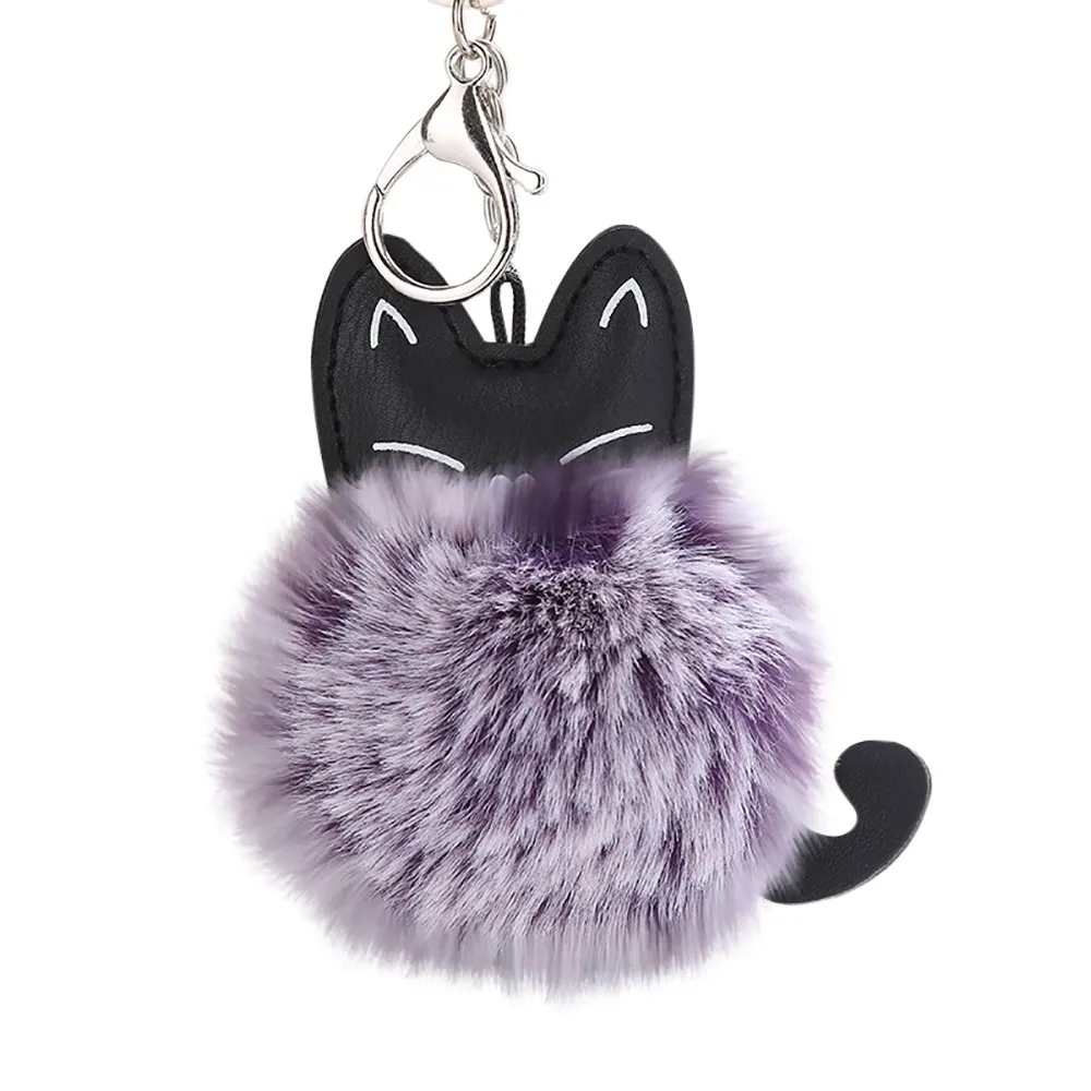 Cute Cat Leather Furry Keychain Pendant 8cm Women Key Ring Holder Pompoms Key Chains Lovely Plush Cow Lanyard For Keys Porte Clé