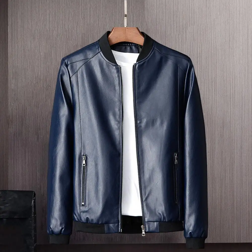 

Men Coat Stand Collar Long Sleeve Faux Leather Jacket With Pockets Solid Color Elastic Hem Motorcycle Jacket