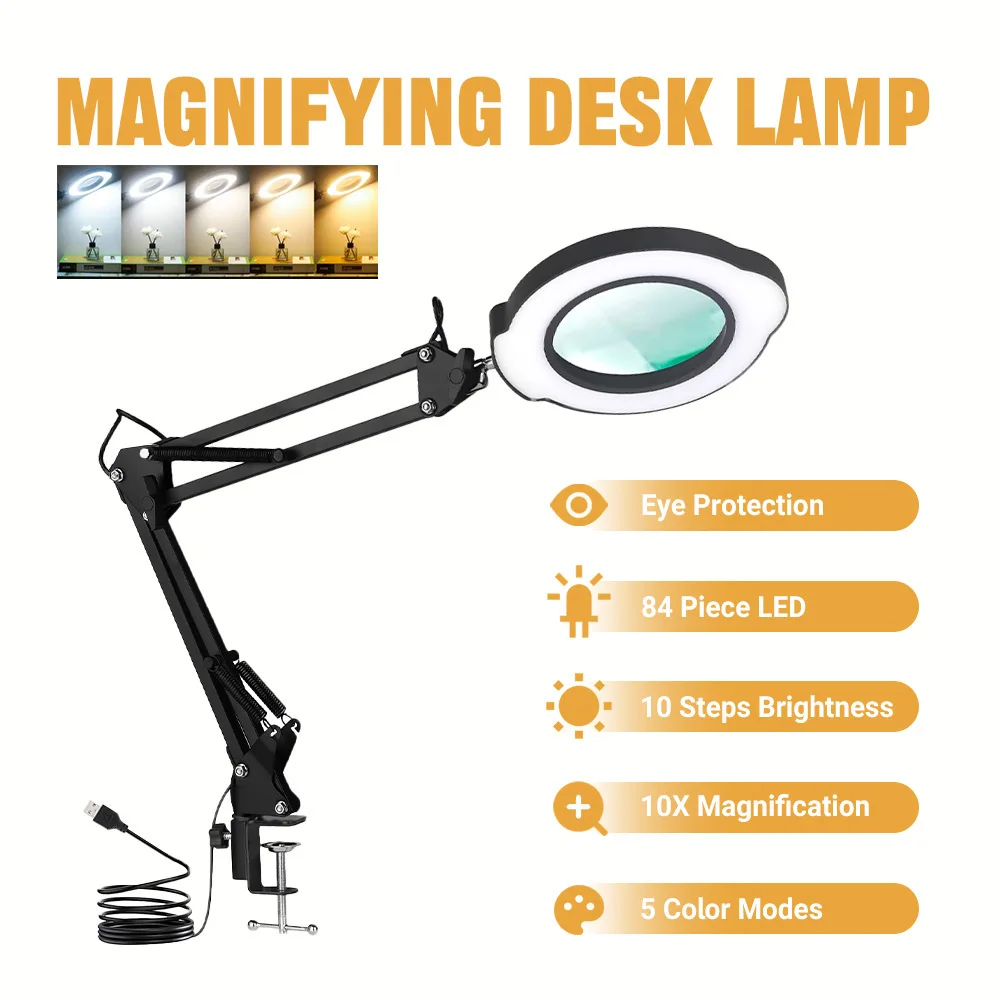 10X Magnifier with 72 LED Lights and 3 Color Settings - USB Powered Adjustable Magnifying Glass for Repair and Beauty Use