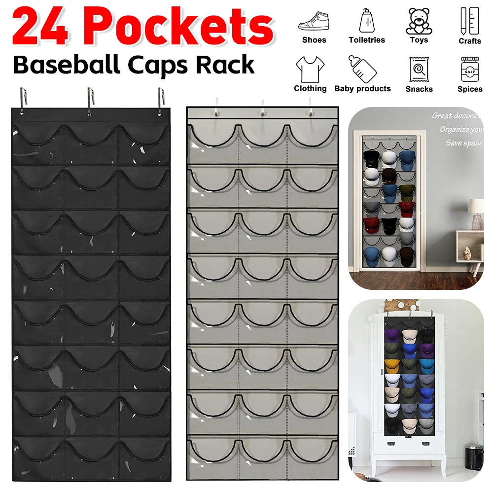 1/2pcs Clear 24 Pockets Protect Hat Rack Wall Baseball Cap Organizer Hanger with 2 Hooks Hat Storage Rack Door Hanging for Home