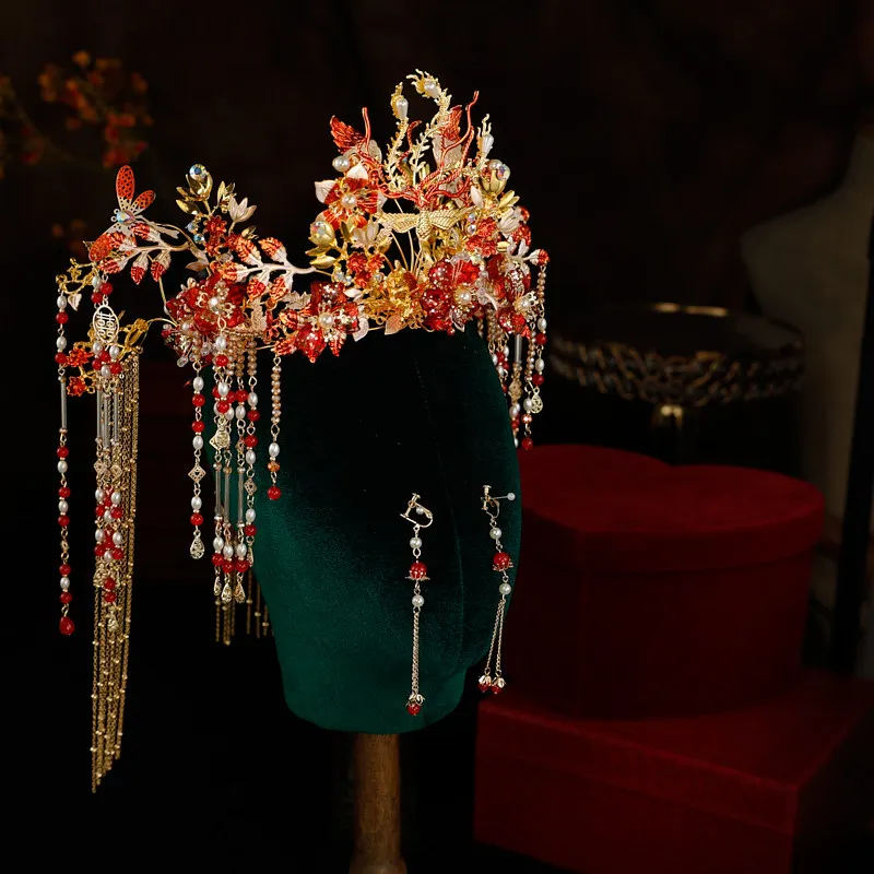 Xiuhe غطاء الرأس الربيع والصيف جديد الصينية الأحمر شرابة التاج وثوب مينغ الزفاف Xiuhe دعوى إكسسوارات الشعر