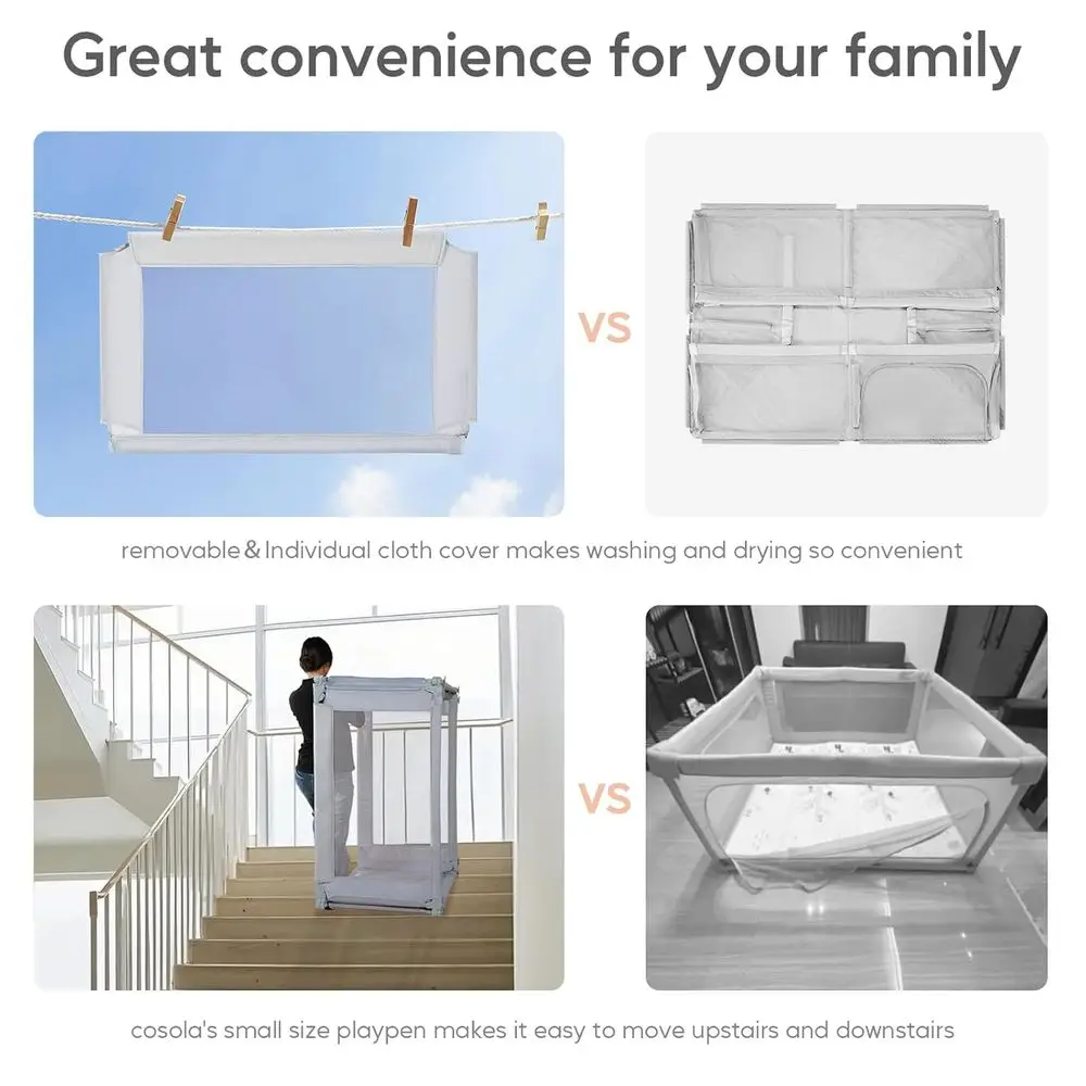 روضة أطفال قابلة للتعديل مقاس 47 × 47 باللون الرمادي مع 360 درجة °   شبكة، ساحة لعب داخلية/خارجية للرضع والأطفال الصغار